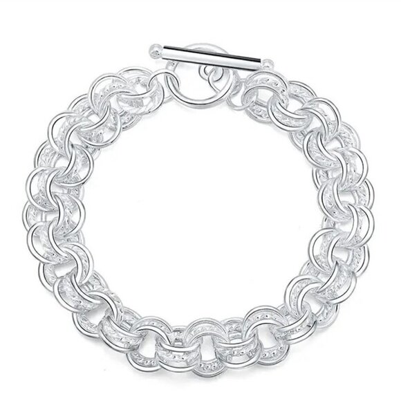 Sterling Silver 925 Alternating Texture Triple Link Chain Bracelet #1172 - Picture 3 of 8